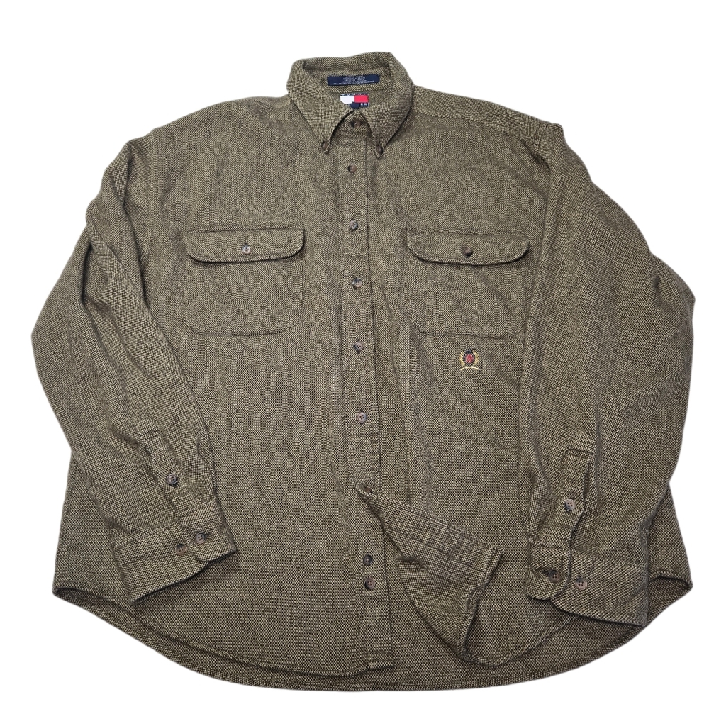Vintage Tommy Hilfiger Tan Brown Wool Blend Oxford Button Shirt Shacket Sz XXL